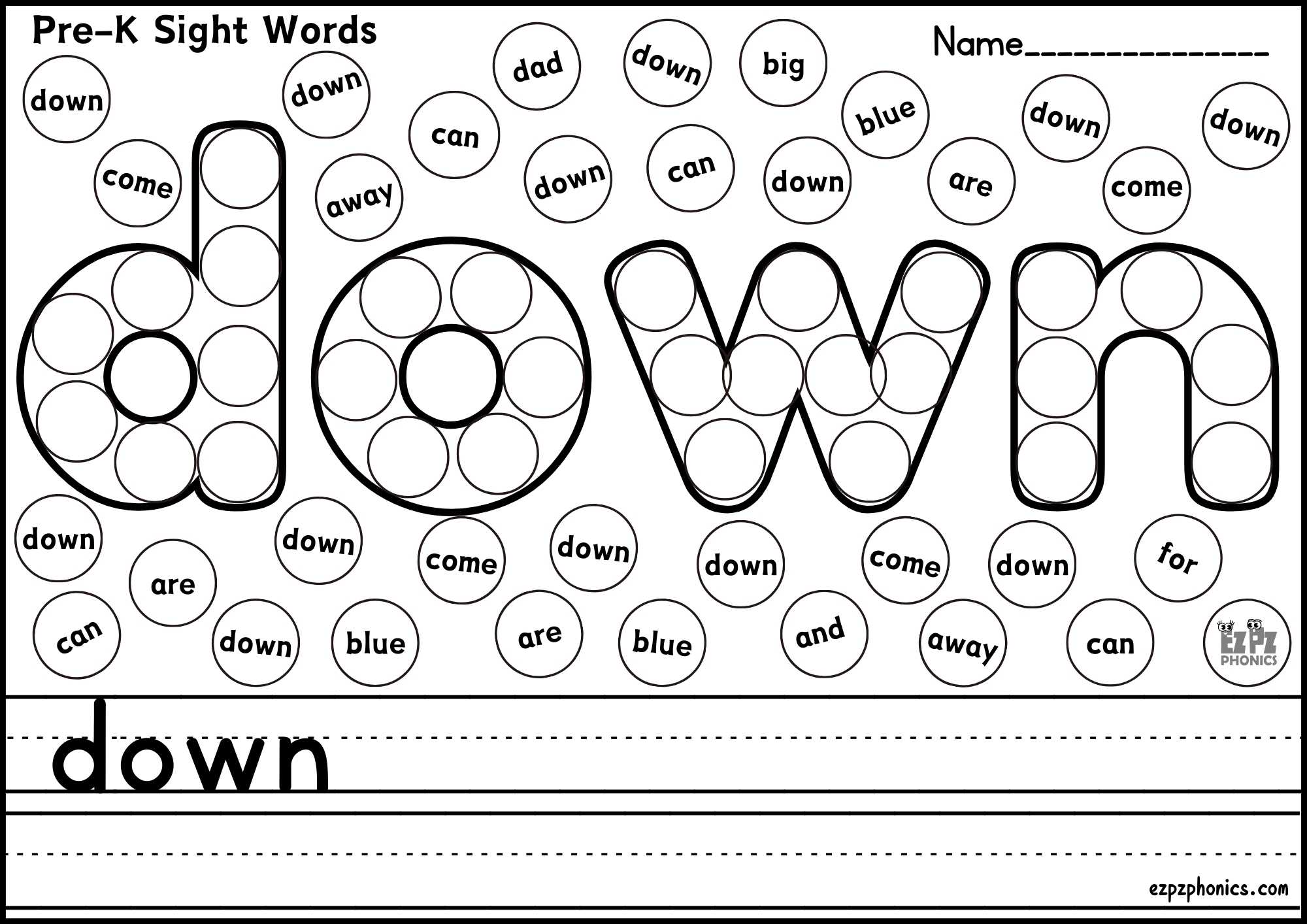 "Down" Dolch Sight Word Dab & Write Worksheet Pre K Free PDF Download